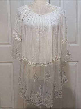 White Boho Embroidered Sheer Tunic
